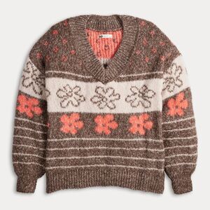 NWOT Juniors' SO® V-Neck Pullover Size M Floral Brown Long Sleeve